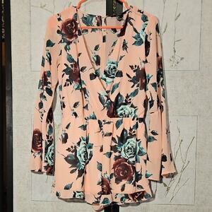 Forever 21 Pink Floral Wrap Jumpsuit with 3/4 Sleeves